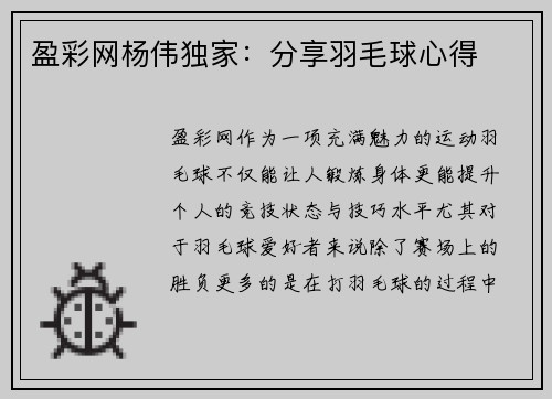 盈彩网杨伟独家：分享羽毛球心得