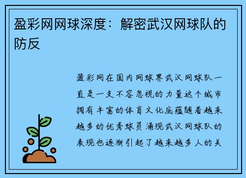 盈彩网网球深度：解密武汉网球队的防反