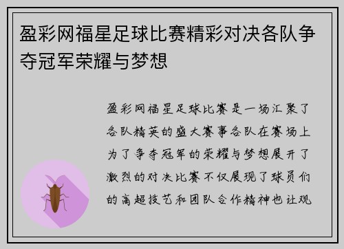 盈彩网福星足球比赛精彩对决各队争夺冠军荣耀与梦想