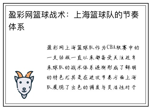盈彩网篮球战术：上海篮球队的节奏体系