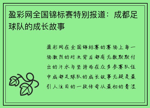 盈彩网全国锦标赛特别报道：成都足球队的成长故事